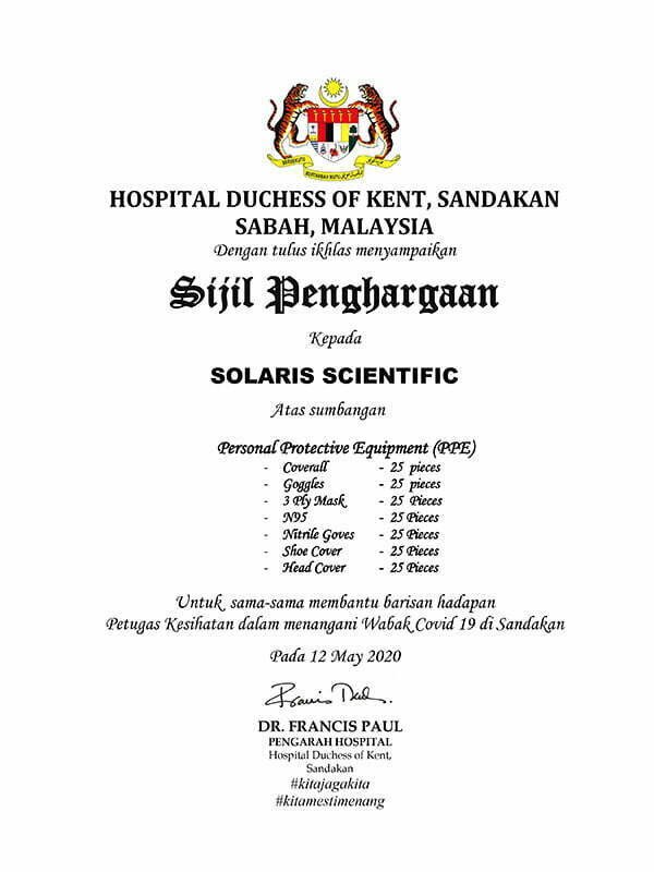 Sijil Penghargaan Daripada Hospital Duchess Of Kent, Sandakan Sabah